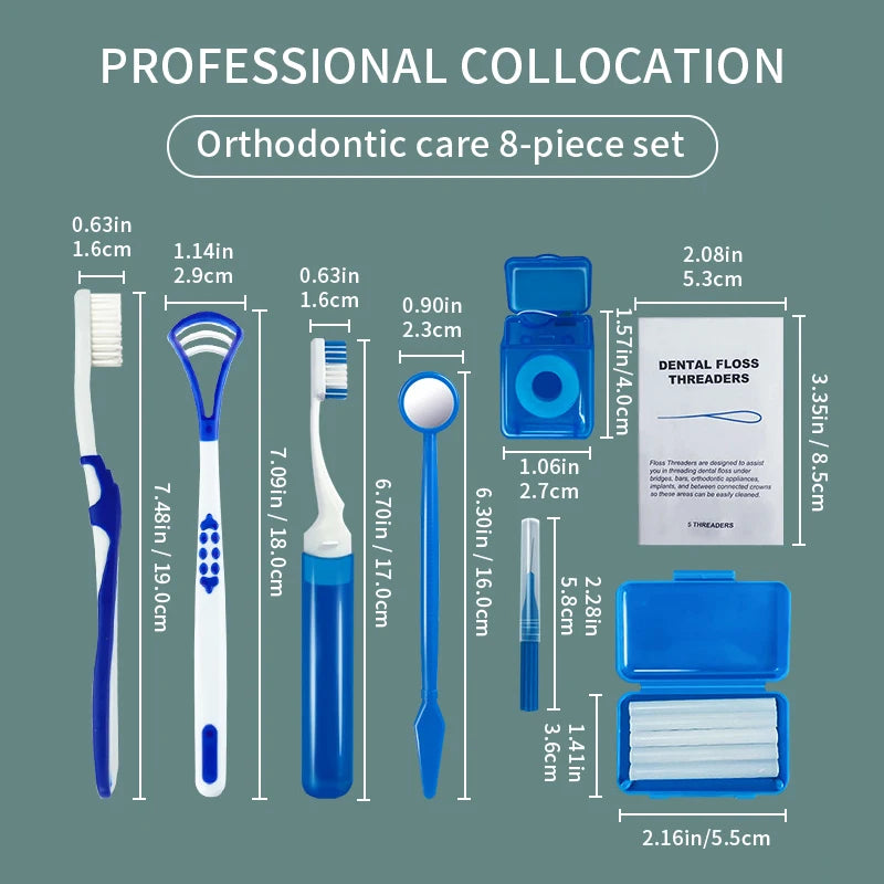 Professional 8-Piece Orthodontic Cleaning Kit – Braces Care Set with Interdental Brushes, Floss Threaders & Wax