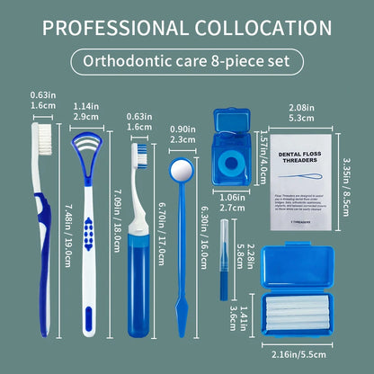 Professional 8-Piece Orthodontic Cleaning Kit – Braces Care Set with Interdental Brushes, Floss Threaders & Wax
